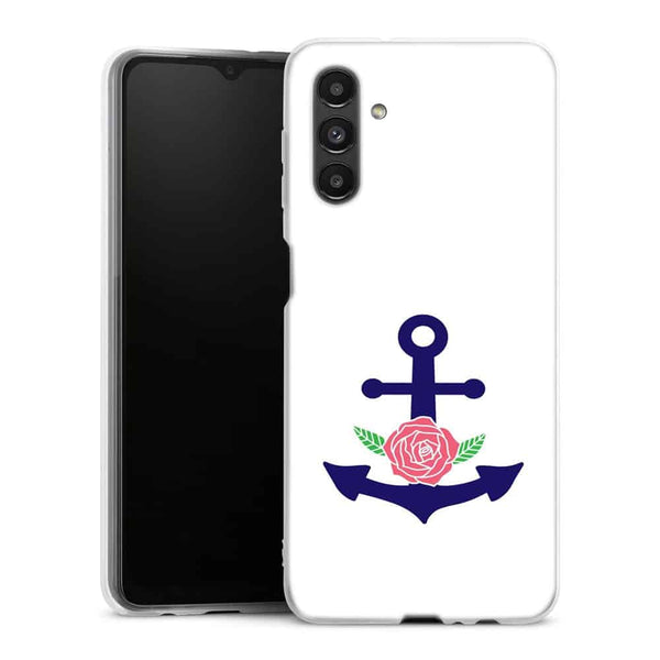 Coque Samsung Galaxy A04S ancre florale bleu marine et rose